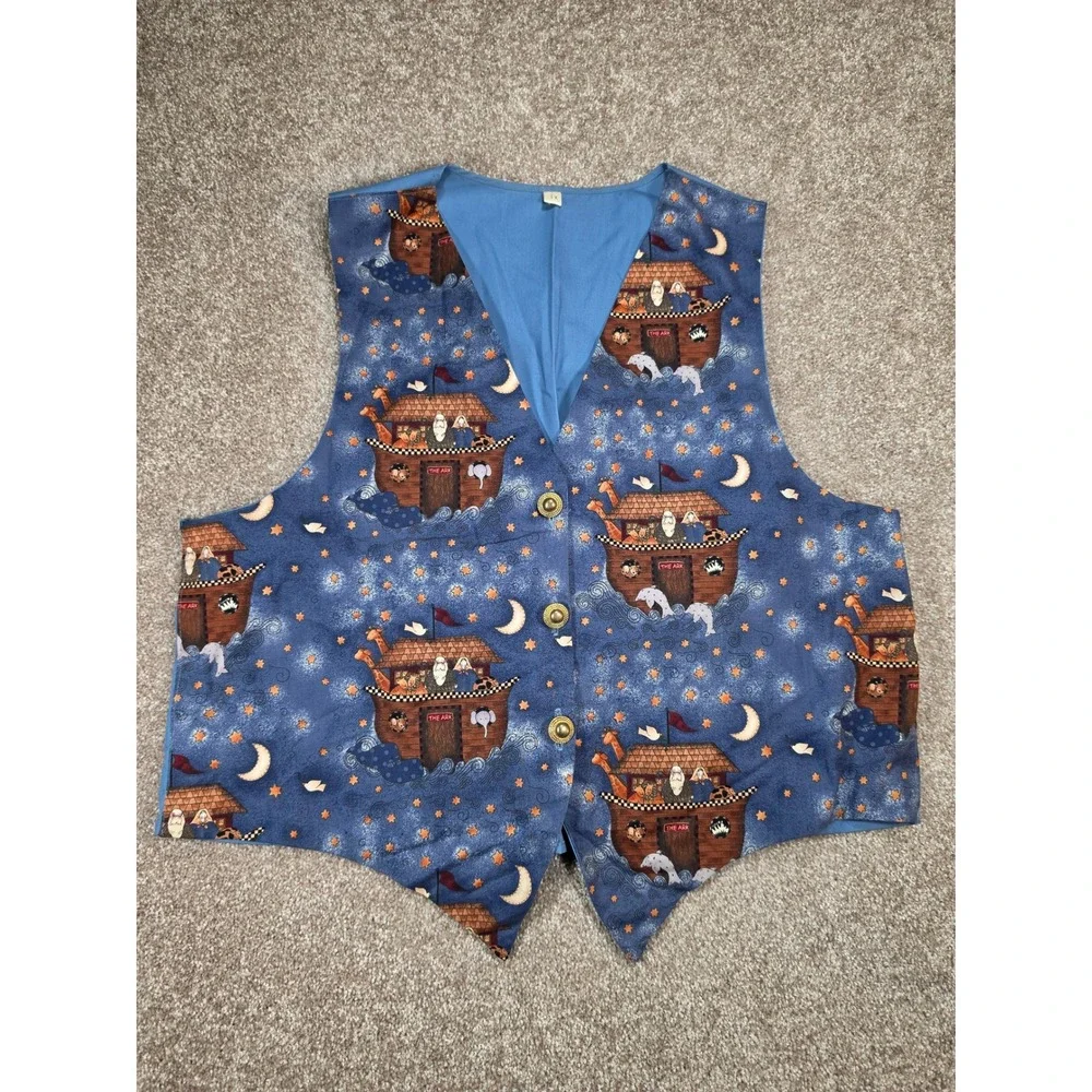 Vintage‎ Noahs Ark Animals Novelty Print Vest Blue Gold Buttons Teacher Size 1X